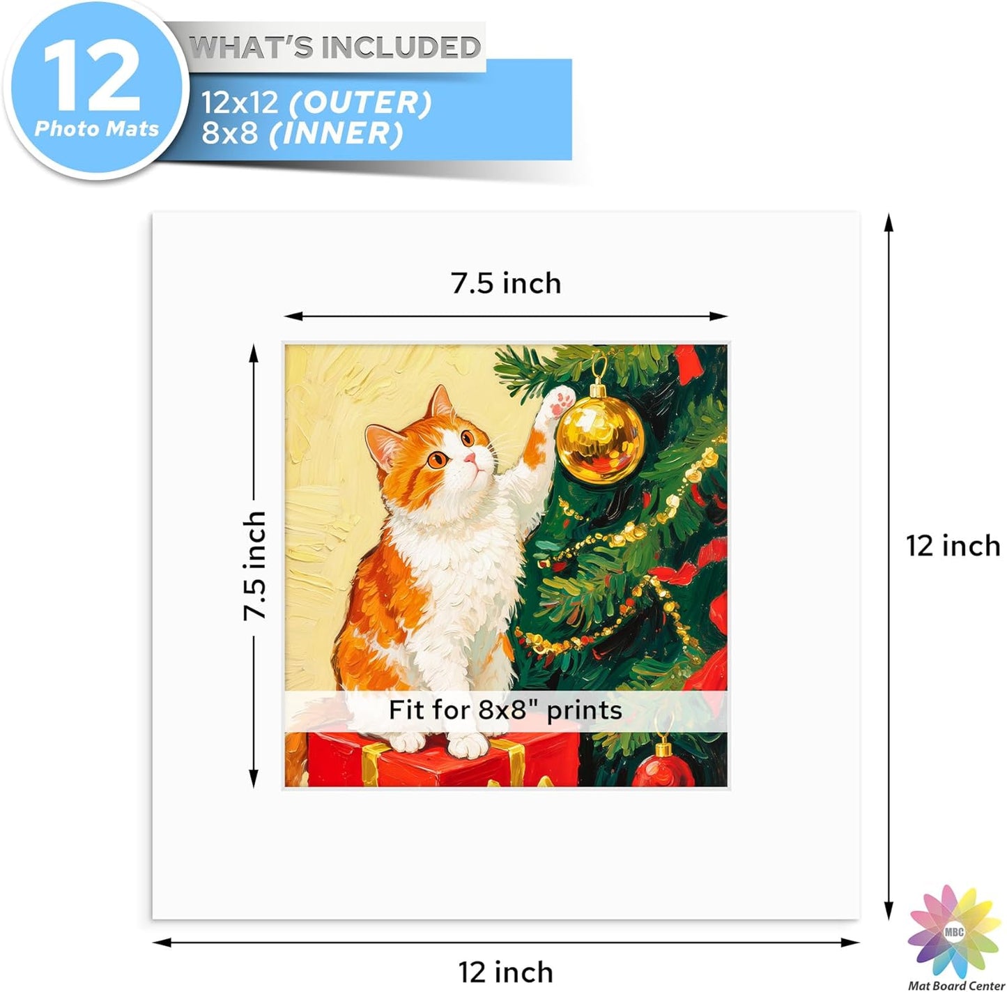 Mat Board Center, 12x12 White Mats for 8x8 Pictures - Acid Free, 4-ply Thickness, White Core, Bevel Cut - for Artworks, Photos, Framing - Pack of 12