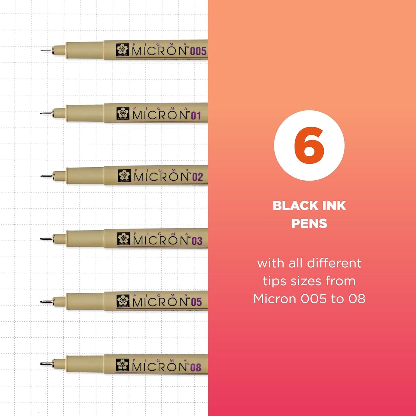 SAKURA Pigma Micron Fineliner Pens - Archival Black Ink Pens - Pens for Writing, Drawing, or Bullet Journaling - Assorted Point Sizes - 6 Pack