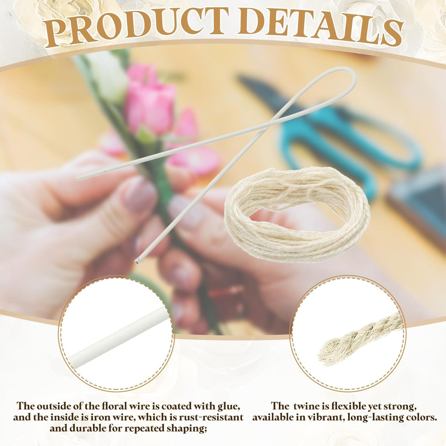 uxcell 100Pcs 2 Gauge Floral Wire, 11.81" Length Flower Stem Wires with 0.08" x 32.8ft Twine for Wreath Making, Flower Arrangement, White