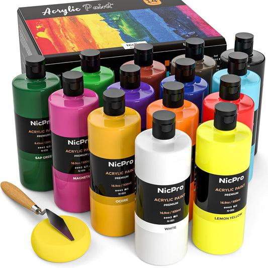 Nicpro 14 Colors Large Bulk Acrylic Paint Set (16.9 oz,500 ml) Rich Art Painting Supplies, Non Toxic for Multi Surface Pumpkin Canvas Wood Ceramic Leather Fabric Craft, for Kids Adult with Color Wheel