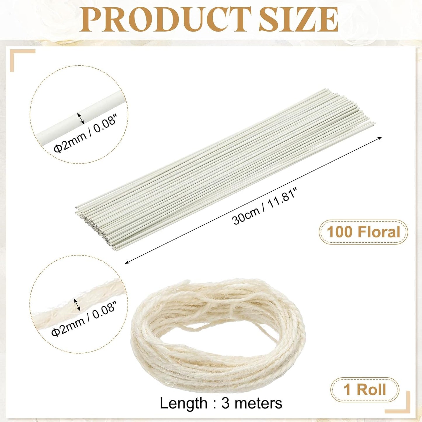 uxcell 100Pcs 2 Gauge Floral Wire, 11.81" Length Flower Stem Wires with 0.08" x 32.8ft Twine for Wreath Making, Flower Arrangement, White