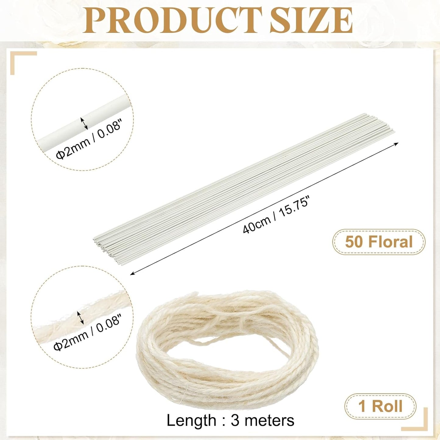 uxcell 50Pcs 2 Gauge Floral Wire, 15.75" Length Flower Stem Wires with 0.08" x 32.8ft Twine for Wreath Making, Flower Arrangement, White