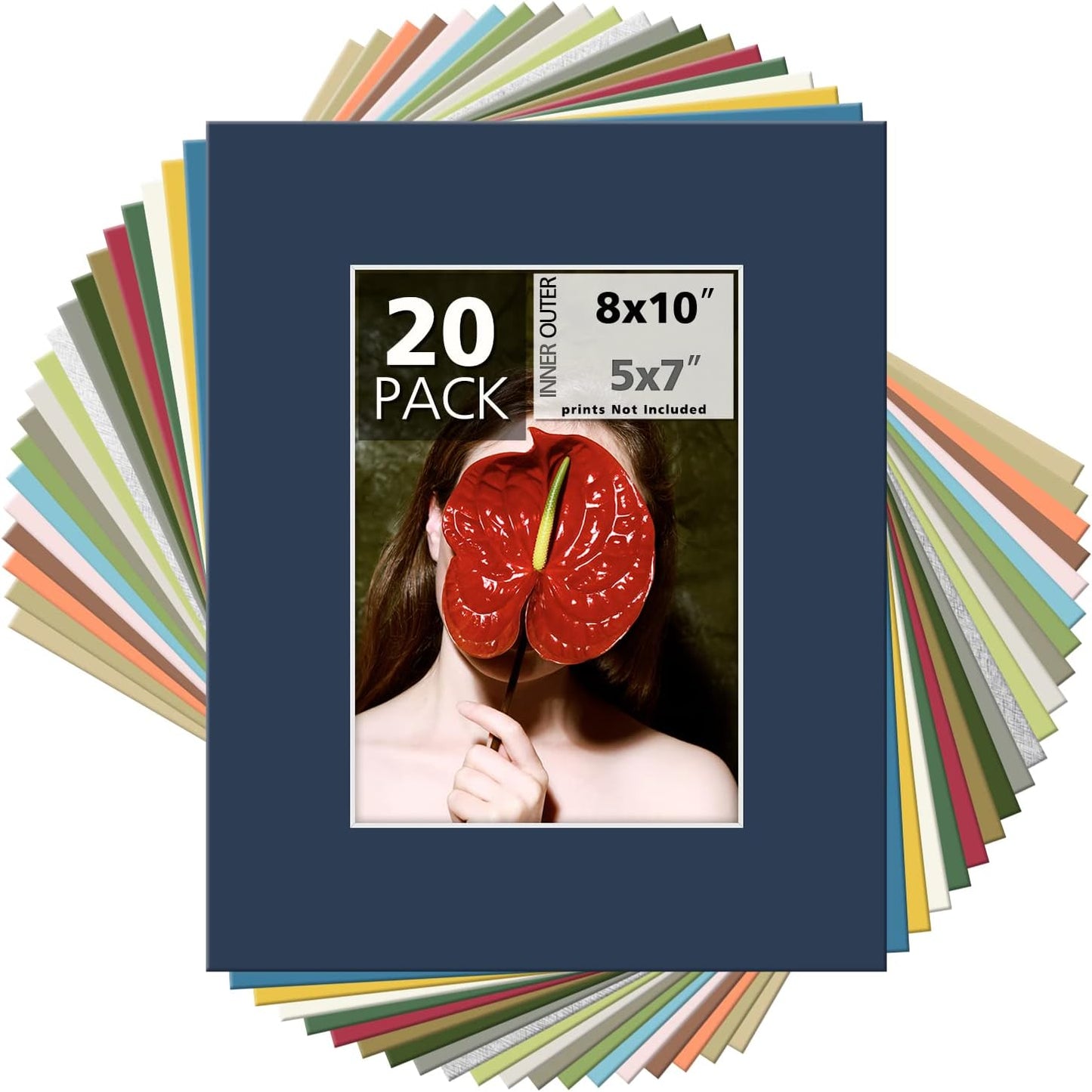 Mat Board Center, Pack of 20, 8x10 Mixed Colors White Core Picture Mats Mattes Matting for 5x7 Photo