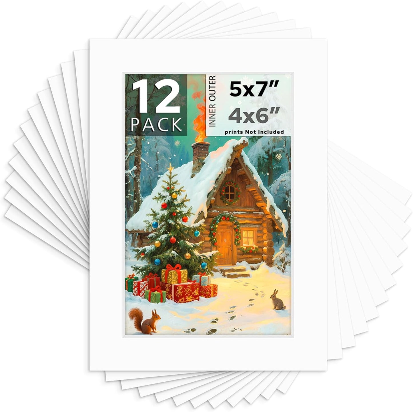 Mat Board Center, 5x7 White Mats for 4x6 Pictures - Acid Free, 4-ply Thickness, White Core, Bevel Cut - for Artworks, Photos, Framing - Pack of 12