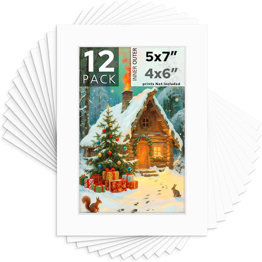 Mat Board Center, 5x7 White Mats for 4x6 Pictures - Acid Free, 4-ply Thickness, White Core, Bevel Cut - for Artworks, Photos, Framing - Pack of 12