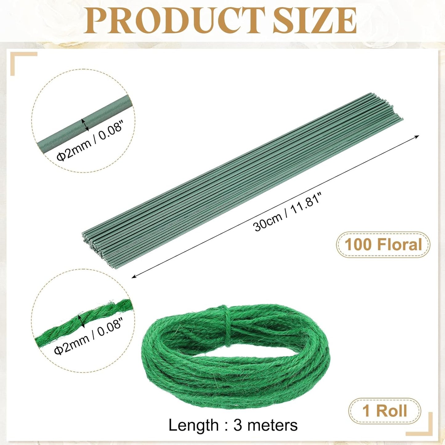 uxcell 100Pcs 2 Gauge Floral Wire, 11.81" Length Flower Stem Wires with 0.08" x 32.8ft Twine for Wreath Making, Flower Arrangement, Green