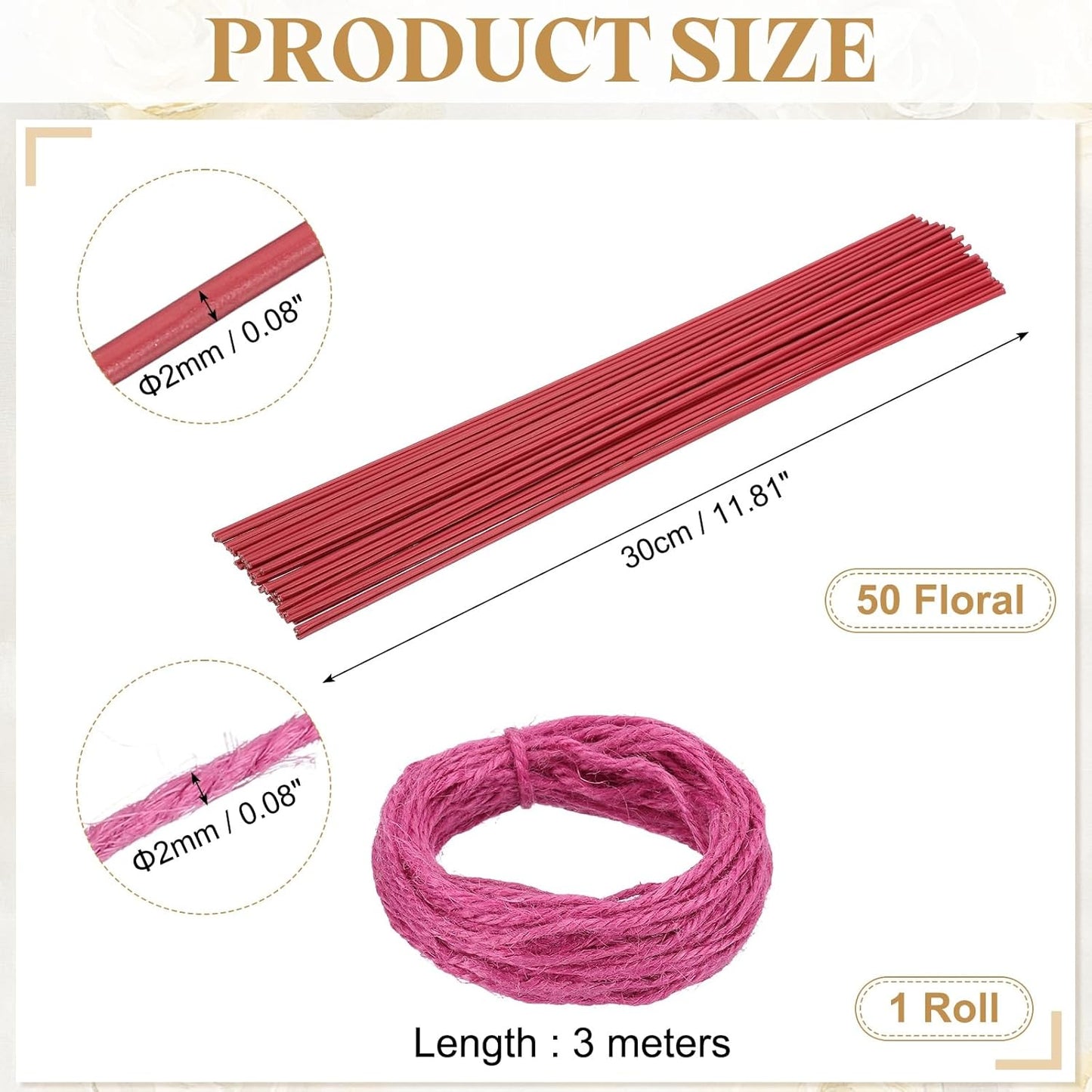 uxcell 50Pcs 2 Gauge Floral Wire, 11.81" Length Flower Stem Wires with 0.08" x 32.8ft Twine for Wreath Making, Flower Arrangement, Red