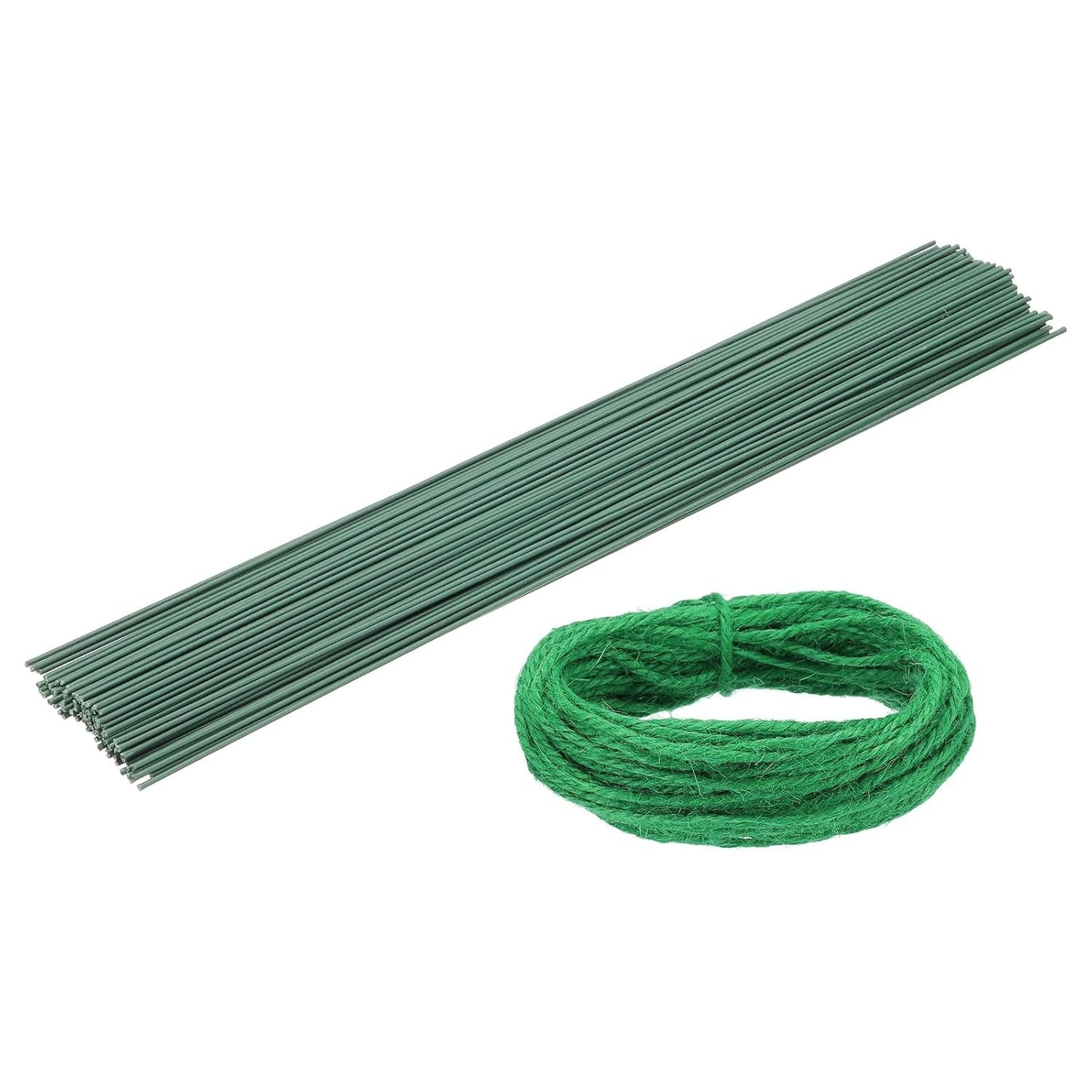 uxcell 50Pcs 2 Gauge Floral Wire, 15.75" Length Flower Stem Wires with 0.08" x 32.8ft Twine for Wreath Making, Flower Arrangement, Green