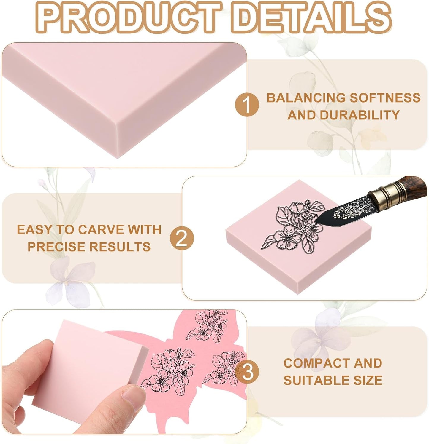 PATIKIL 4Pcs 2X2" Rubber Carving Blocks, Soft Linoleum Art Carving Block Square Crafts Stamp Making for Printmaking Stamps Carving Supplies, Pink