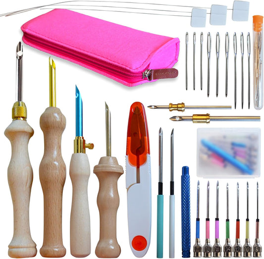 DiaWiew Adjustable Punch Needle Kit - Punch Needle Tool Include Wooden Handle Embroidery Pen Kits - Punch Needle Set for DIY Craft Decoration and Gifts - Perfect for Adults Beginners