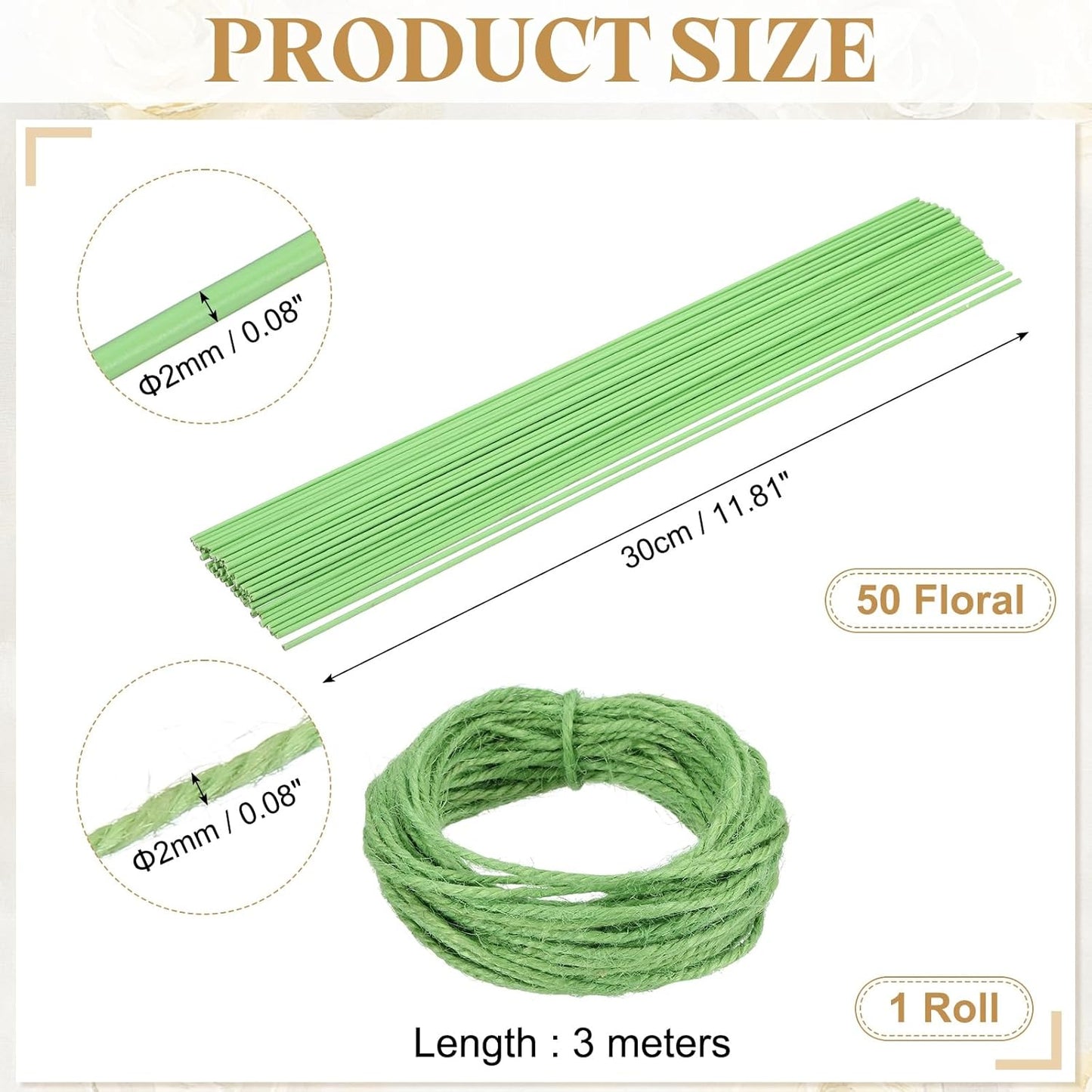 uxcell 50Pcs 2 Gauge Floral Wire, 11.81" Length Flower Stem Wires with 0.08" x 32.8ft Twine for Wreath Making, Flower Arrangement, Light Green