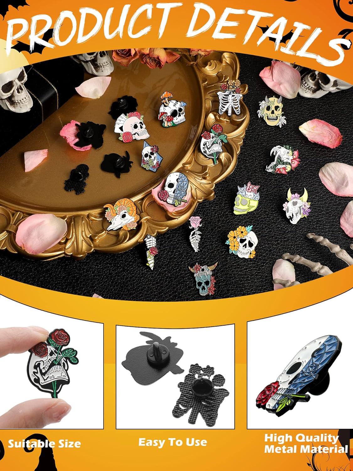 BBTO 20 Pieces Enamel Pins Skull Spooky Skeleton Enamel Pins Set Black Decorative Cartoon Goth Skull Horror Dark Brooch Cute Lapel Buttons for Jacket Backpack Hat Halloween