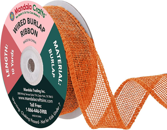 Mandala Crafts Orange Burlap Wired Ribbon 1 Inches Wide Jute Ribbons for Crafts - 10 Yds Roll Rustic Burlap Wrap Trim Ribbons for Wreaths Bows Party Decoration