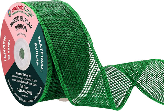Mandala Crafts Green Burlap Wired Ribbon 1.5 Inches Wide Jute Ribbons for Crafts - 10 Yds Roll Rustic Burlap Wrap Trim Ribbons for Wreaths Bows Party Decoration