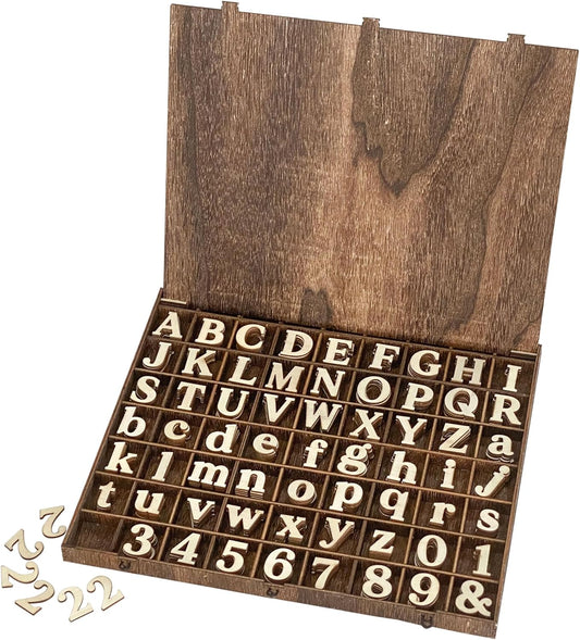 706 Pieces 1 Inch Wood Alphabet Letters Wooden Numbers Mini Capital & Lowercse Letters with Rustic Storage Box for Home Decor Spelling Education Homemade Crafts Party Gifts