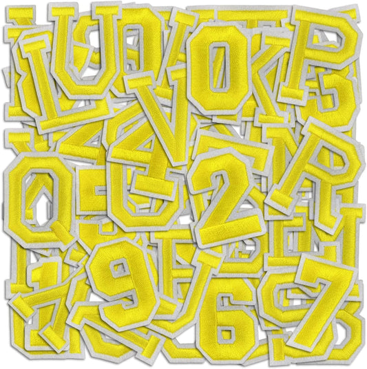 Letter and Number Iron On Patches, A-Z Alphabet and Numbers 0-9 Embroidery Applique Patch, DIY Decorative Heat Press Patches for Clothing Jeans Jackets Backpacks Hats (Yellow 72 Pcs)