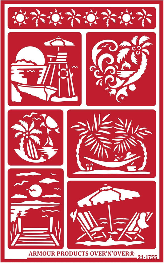 Over'N'Over Reusable Glass Etching Stencils – Durable Self-Stick Designs for Glass, Mirrors, and Ceramics with Armour Etch Cream – 5” x 8” Stencil Sheet - Seaside Paradise