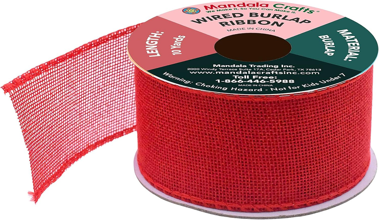 Mandala Crafts Red Burlap Wired Ribbon 2 Inches Wide Jute Ribbons for Crafts - 10 Yds Roll Rustic Burlap Wrap Trim Ribbons for Wreaths Bows Party Decoration