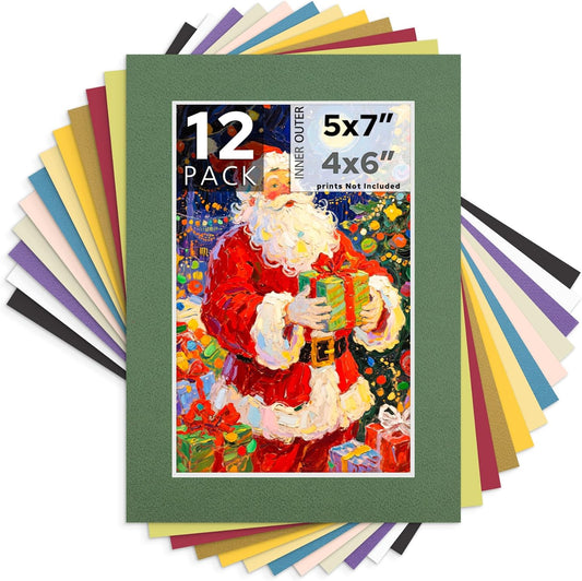 Mat Board Center, 5X7 Mix Color Mats for 4X6 Pictures - Acid Free, 4-Ply Thickness, White Core, Bevel Cut - for Artworks, Photos, Framing - Pack of 12