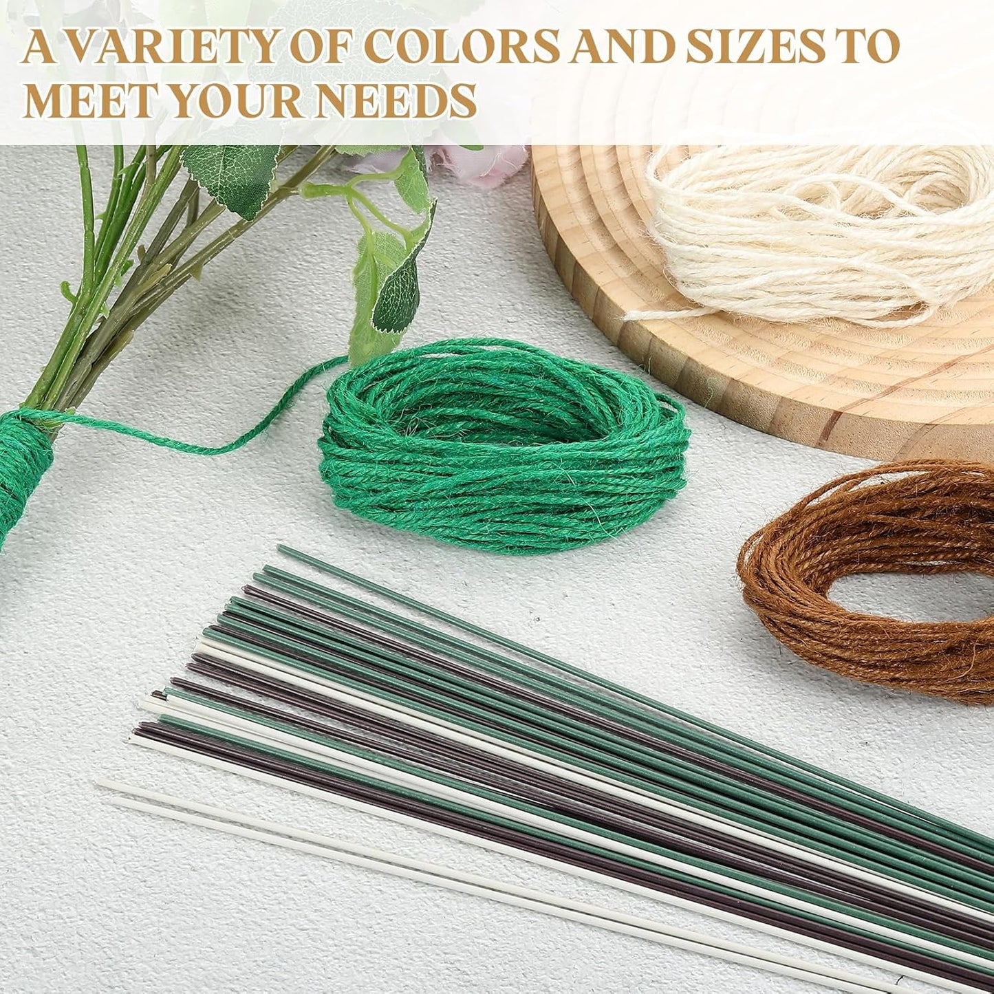 uxcell 100Pcs 2 Gauge Floral Wire, 15.75" Length Flower Stem Wires with 0.08" x 32.8ft Twine for Wreath Making, Flower Arrangement, Light Green