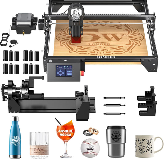 LONGER Laser Engraver Ray5 5000mW Engraver Machine with Air Assist Kit DIY CNC Laser Cutter Tool for Metal Glass Wood Working Area 15.7 "x15.7" with 4-in-1 Rotary Roller Kit