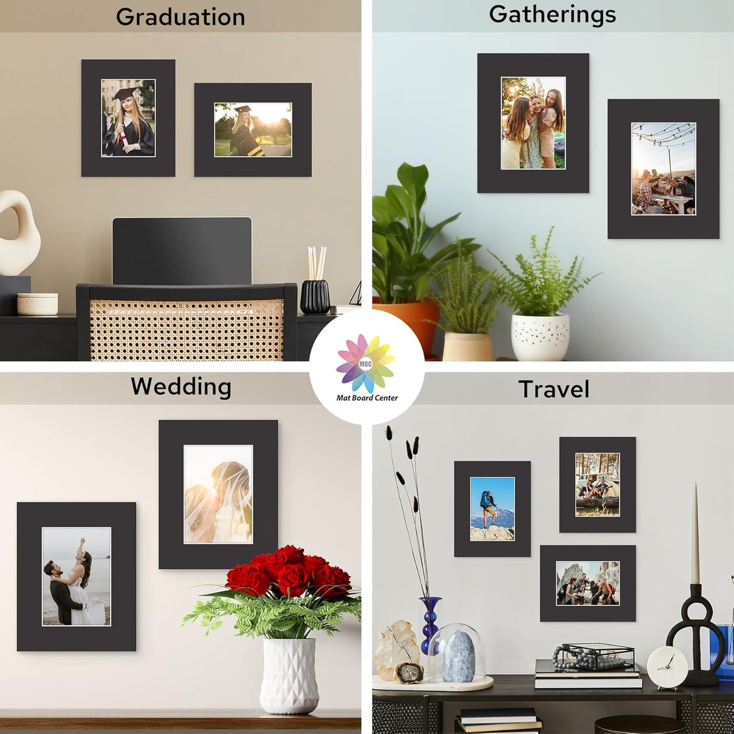 Mat Board Center, 8X10 Black Mats for 5X7 Pictures - Acid Free, 4-Ply Thickness, White Core, Bevel Cut - for Artworks, Photos, Framing - Pack of 12