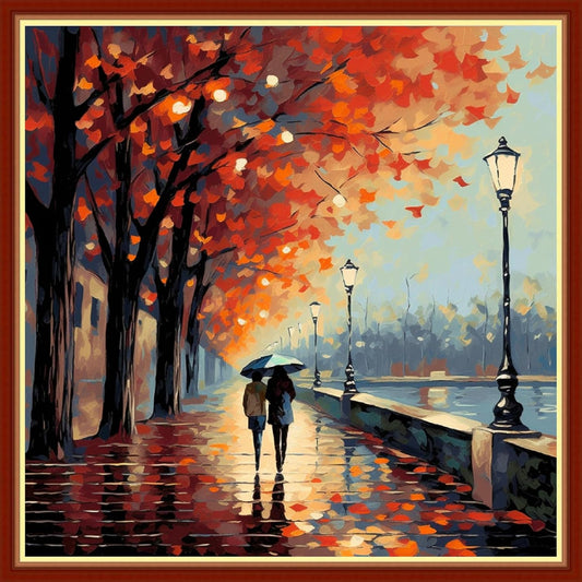 Foxhool Beginners Cross Stitch Kits Stamped Full Range of Embroidery Kits for Adults DIY Cross Stitches kit Embroidery Patterns for Needlepoint kit-Strolling on a Rainy Night 17.7x17.7 inch