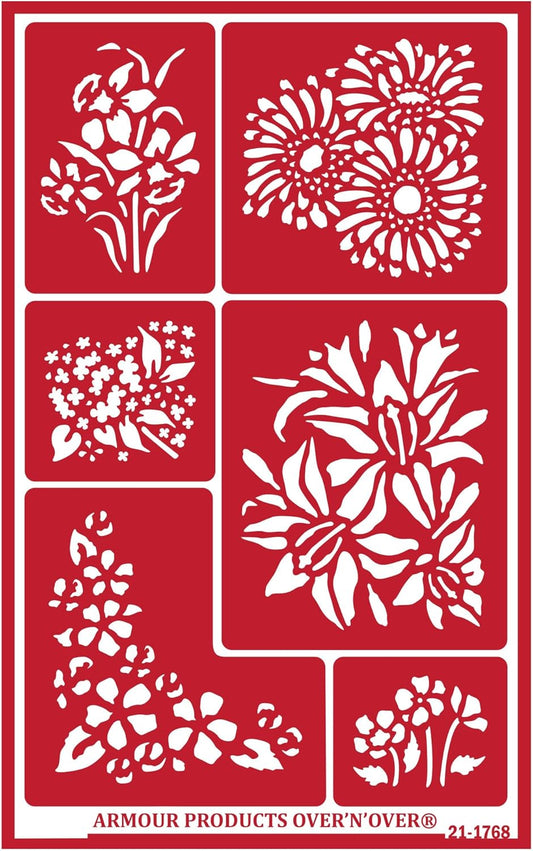 Over'N'Over Reusable Glass Etching Stencils – Durable Self-Stick Designs for Glass, Mirrors, and Ceramics with Armour Etch Cream – 5” x 8” Stencil Sheet - Spring Flowers