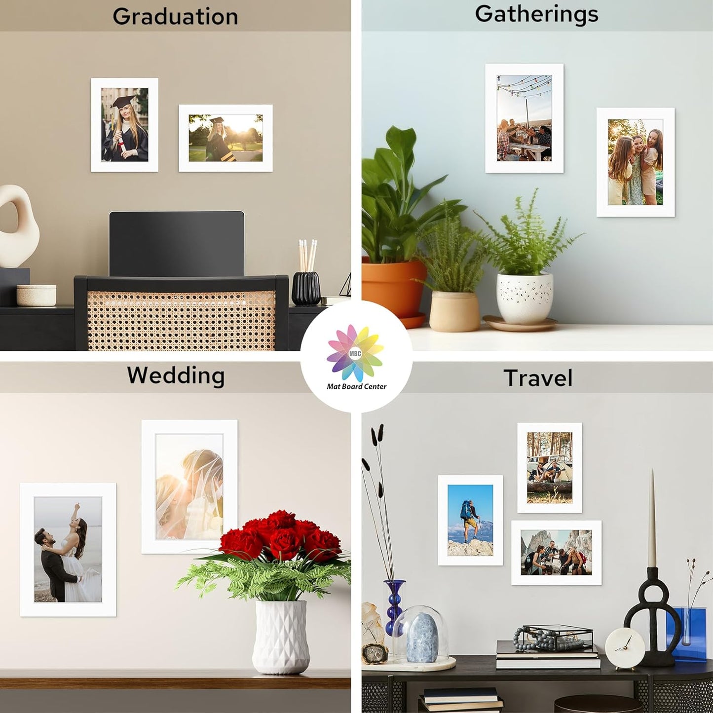 Mat Board Center, 5x7 White Mats for 4x6 Pictures - Acid Free, 4-ply Thickness, White Core, Bevel Cut - for Artworks, Photos, Framing - Pack of 12