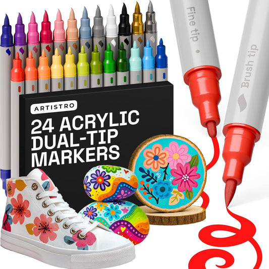 ARTISTRO 24 Dual Tip Brush + Fine Acrylic Paint Markers - Easy for All Ages & Levels Paint Pens for Fabric, Rock, Glass, DIY - Halloween Pumpkin Painting Kit, Art Supplies, Christmas Gift