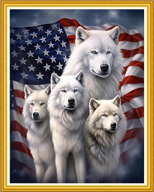 Magxvouy Cross Stitch Kits Stamped Full Range of Embroidery Kits,Cross Stitch Patterns Needlework Kits for Beginners 11CT Printed Kits&Wolf Flag 16x20 inch