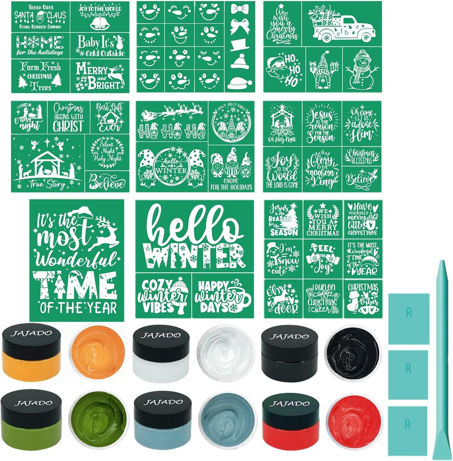 JAJADO 19pcs Christmas Stencils Chalk Paste Paint Set with Mini Squeegees, Self Adhesive Silk Screen Stencils Xmas Screen Print Mesh Transfer for Painting on Wood, Fabric, Glass, DIY Christmas Decor