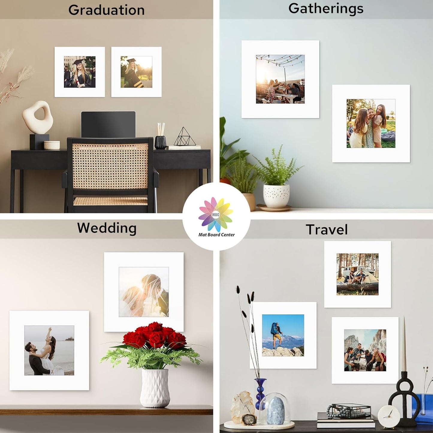 Mat Board Center, 12x12 White Mats for 8x8 Pictures - Acid Free, 4-ply Thickness, White Core, Bevel Cut - for Artworks, Photos, Framing - Pack of 12