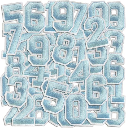 Number Iron On Patches, Numbers 0-9 Embroidery Applique Patch, DIY Decorative Heat Press Patches for Clothing Jeans Jackets Backpacks Hats (Light Blue 50 Pcs)
