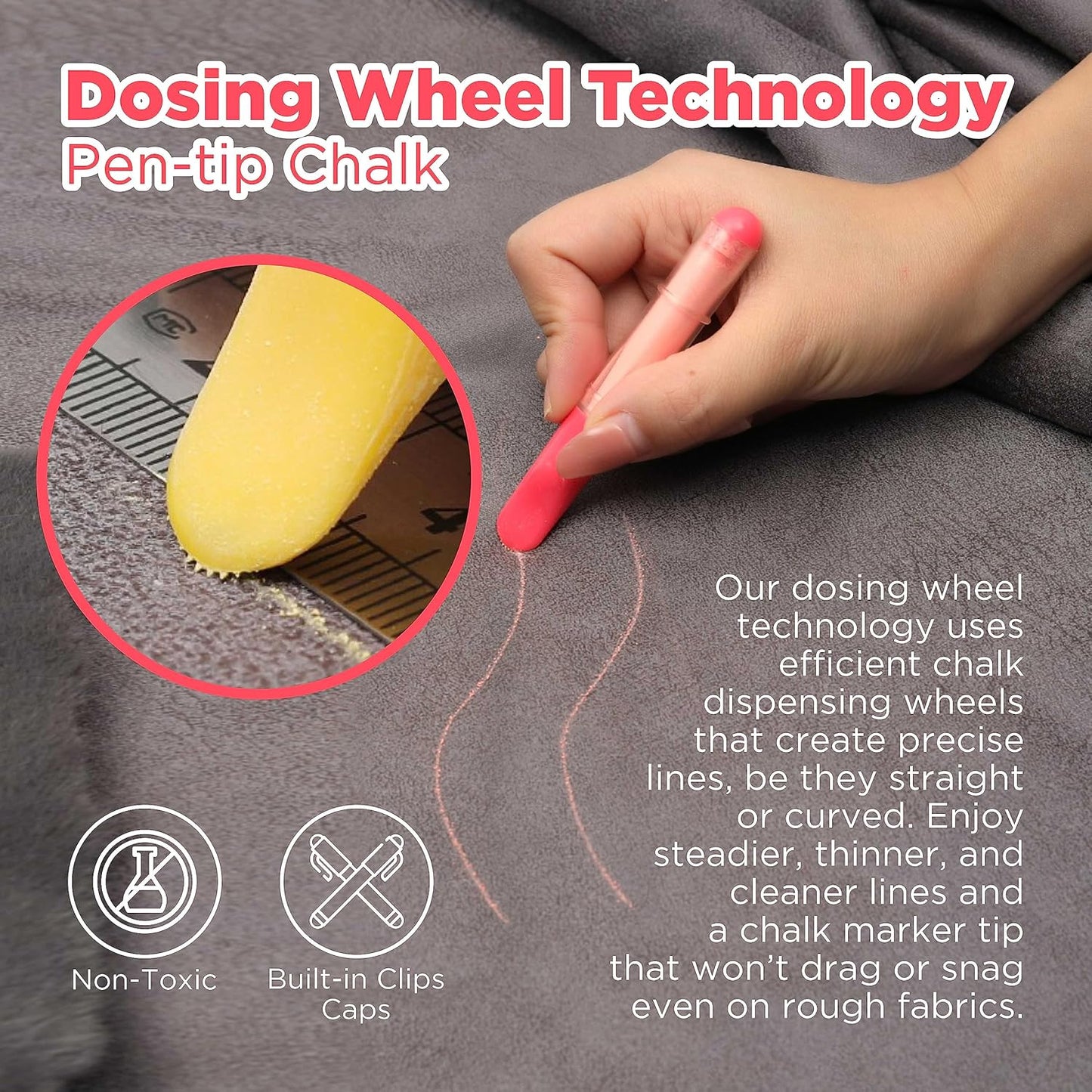 (3-pack) Fabric Chalk Markers -Erase Tailor’s Chalk for Quilting and Sewing - Compatible with Most Fabrics - With Dosing Wheel Technology, Red, Yellow, White