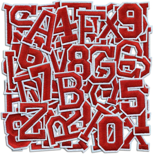 Letter and Number Iron On Patches, A-Z Alphabet and Numbers 0-9 Embroidery Applique Patch, DIY Decorative Heat Press Patches for Clothing Jeans Jackets Backpacks Hats (Red 72 Pcs)