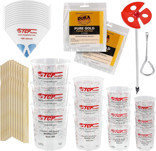 Pouring Masters Ultimate Paint Mixing Cup Kit - 12 Plastic Graduated Mixing Cups, 3 Each of 12, 24, 44, 72 Ounce Sizes - 12 Mixing Sticks, 12 Paint Strainers, 2 Tack Cloths, Mixer Blade, Can Opener