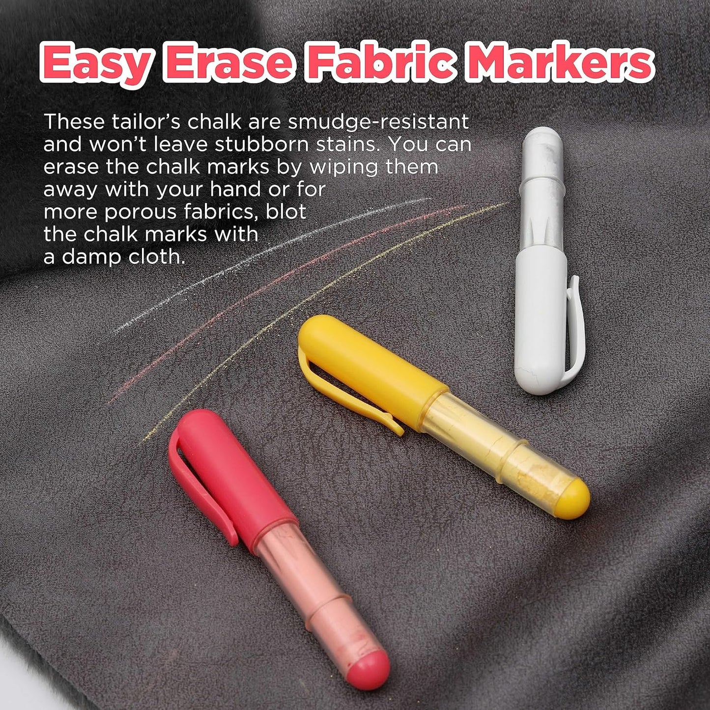 (3-pack) Fabric Chalk Markers -Erase Tailor’s Chalk for Quilting and Sewing - Compatible with Most Fabrics - With Dosing Wheel Technology, Red, Yellow, White
